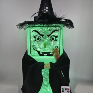 15x8" Two Tier Witch with Black Hat - Halloween Holiday Decoration | Unique Lighted Glass Block Gift